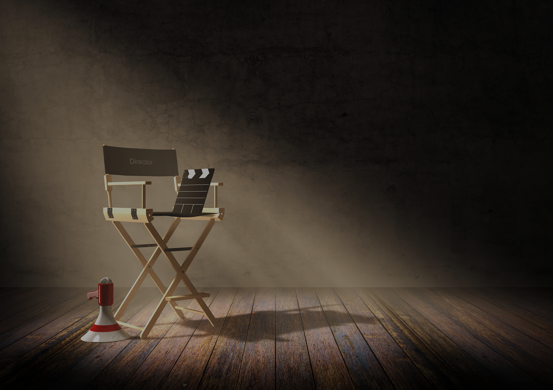 Director's chair with clapper board and megaphone in dark room scene with spotlight light, 3D rendering